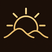 The Mornin’ app icon: a gold sun rising over hills on a dark background.