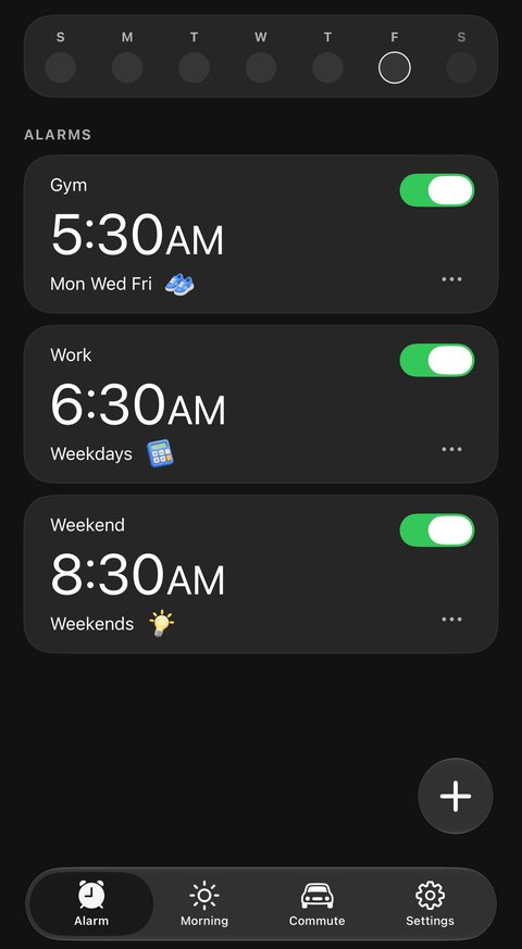 The Alarm tab in Mornin’: the week strip and three alarms, Gym at 5:30 AM on Monday, Wednesday and Friday with the Walk mission, Work at 6:30 AM on weekdays with the Math mission, and Weekend at 8:30 AM on weekends with the Let the light in mission.