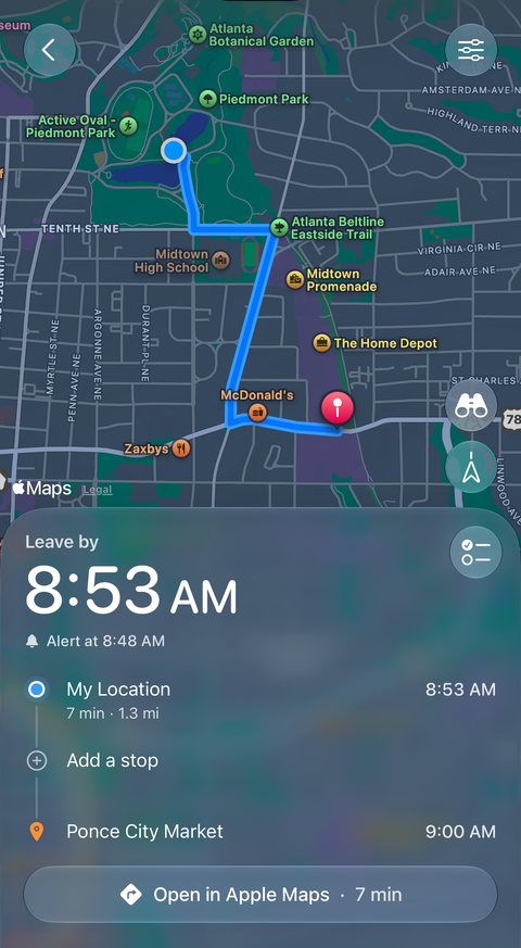A trip in Mornin’ to Ponce City Market: the route on an Apple map, Leave by 8:53 AM with an alert at 8:48 AM, a 7 minute drive arriving at 9:00 AM, and an Open in Apple Maps button.