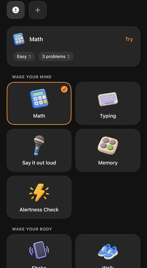 The Mission screen in Mornin’, with Math chosen at Easy with 3 problems and a Try button, above a grid of missions with clay pictures: Math, Typing, Say it out loud, Memory and Alertness Check under Wake Your Mind, then Shake and Walk under Wake Your Body.